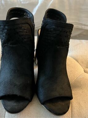 Black Suede Open-Toe Women’s Heeled Booties